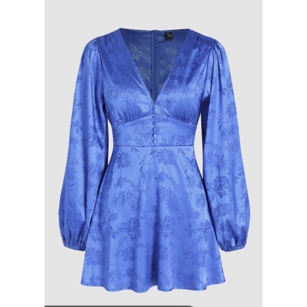 NWT Cider Dress XL Blue Satin Jacquard Corset Floral Button Front Long Sleeve